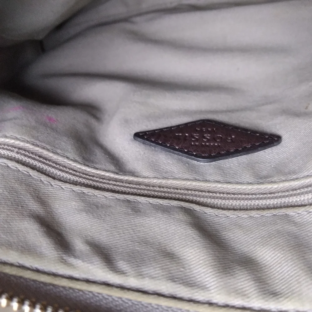 Fossil Gray and Brown Neutral Plaid Zip Top Crossbody Purse Handbag